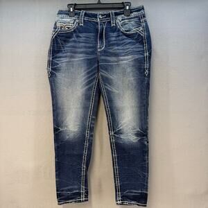Rock Revival Jeans 29 (8) Dark Blue Amberlight Mid-Rise Skinny Sequin Flag